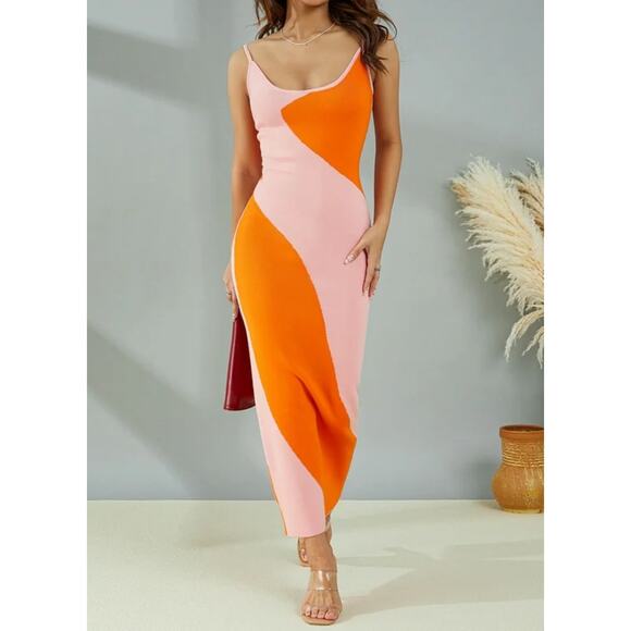 Orange/Pink Bodycon Sweater Maxi Dress, Small/Medium - Picture 2 of 3